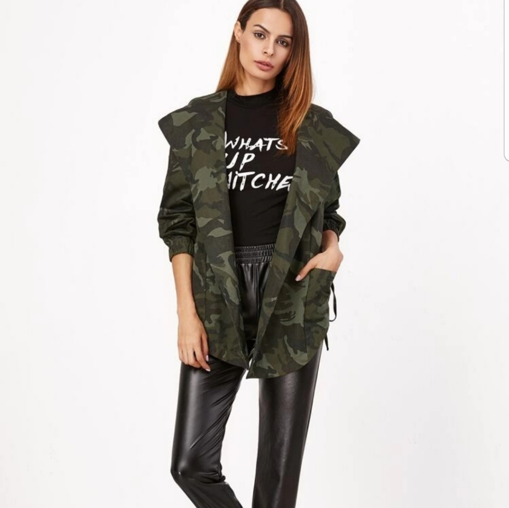 Olive Green Camo Print Hooded Shawl Collar Wrap Ja